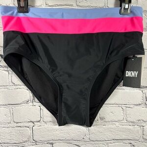 DKNY High Waisted Colorblock Swim Bottoms Stretch Black Pink Lavender L NWT